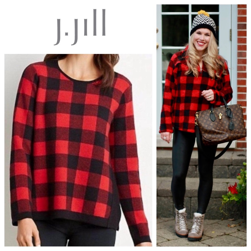 J. Jill Sz Large 12 14 Sweater Pullover Buffalo Plaid Red Black Cotton Wool